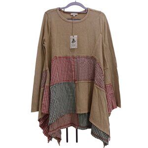 NWT Easel Long Sleeve Patchwork Tunic Top Sz S Brown Plaid Crew Neck Boho
